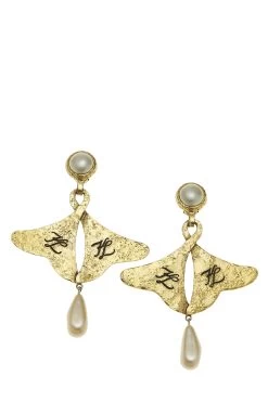 Chanel Gold 'KL' Faux Pearl Dangle Earrings