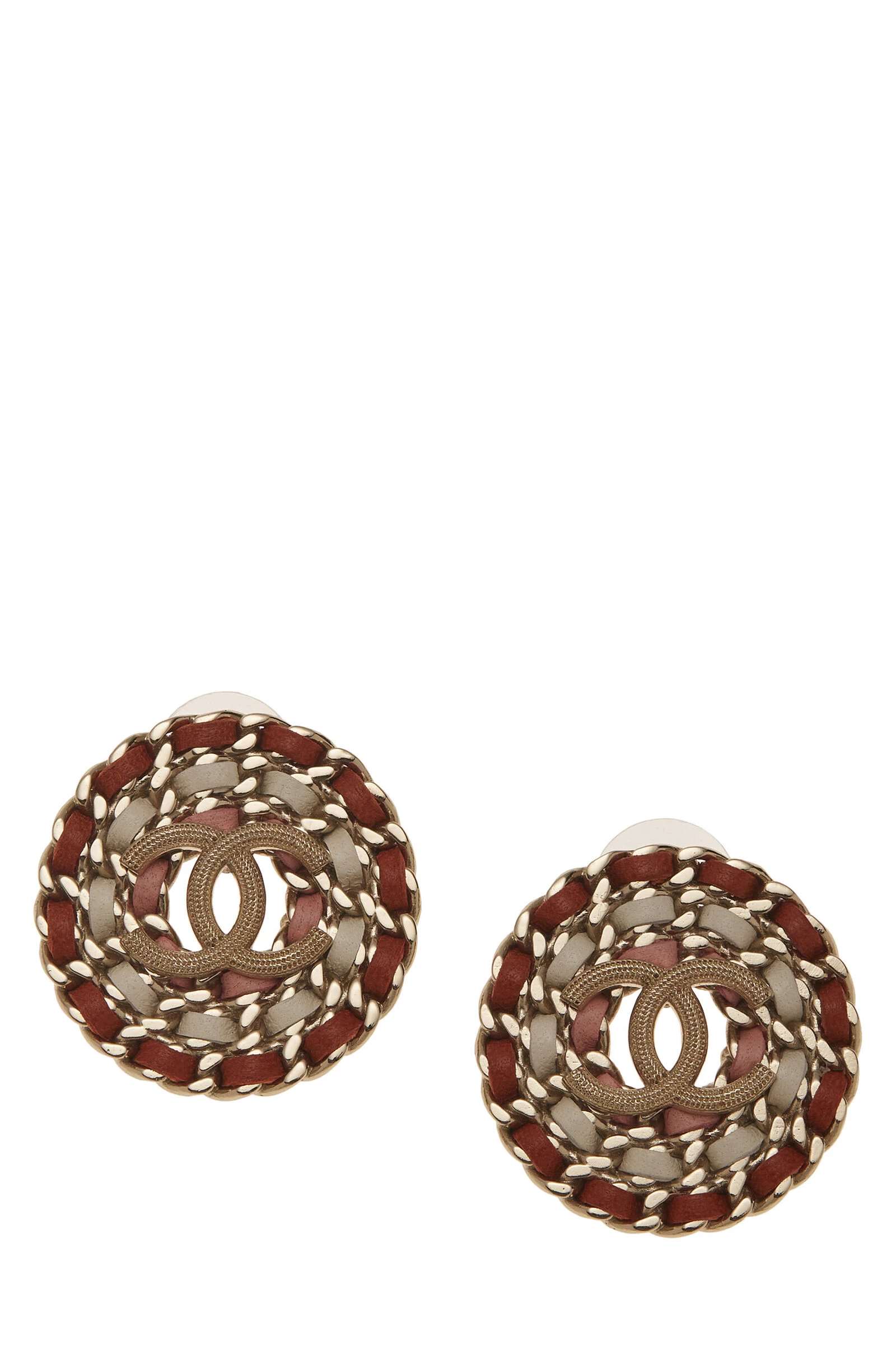 Chanel Gold & Pink Leather Chain 'CC' Earrings 1 Chanel Gold & Pink Leather Chain 'CC' Earrings