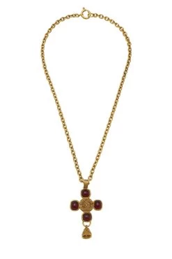 Chanel Gold & Red Gripoix Cross Necklace Long