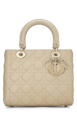 Christian Dior Beige Cannage Quilted Lambskin Lady Dior Medium