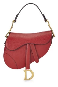 Christian Dior Red Grained Calfskin Leather Saddle Bag Mini NM