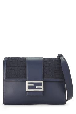 FENDI Navy Leather Flat Baguette Bag Medium