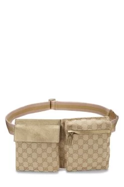 Gucci Gold Original GG Canvas Web Double Pocket Waist Pouch