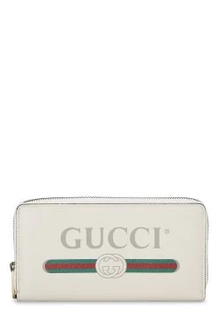 Gucci White Leather Logo Print Zip Wallet