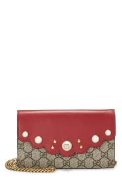 Gucci Red Original GG Supreme Canvas Pearl Studded Wallet-On-Chain (WOC)