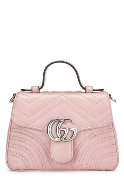 Gucci Pink Leather GG Marmont Top Handle Flap Bag Mini