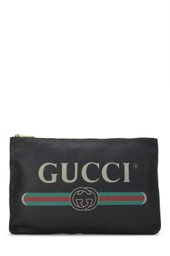 Gucci Black Grained Leather Logo Web Pouch
