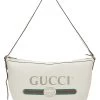 Gucci White Leather Logo Print Half Moon Hobo