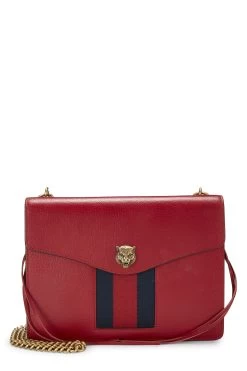 Gucci Red Leather Web Animalier Chain Shoulder Bag