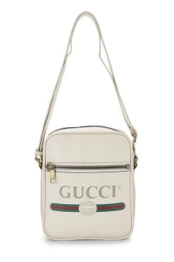 Gucci White Logo Print Leather Vertical Camera Bag Small