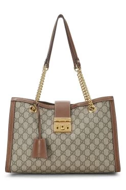 Gucci Brown GG Supreme Canvas Padlock Tote Medium