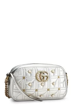 Gucci Silver Leather & Faux Pearl GG Marmont Crossbody Small -Fashion clothing QFBJWX28VH002 2