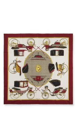 Hermès Burgundy & Multicolor 'Les Voitures A Transformation' Silk Scarf 90