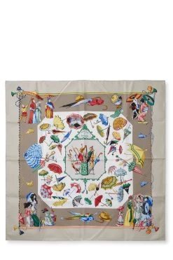 Hermès Beige & Multicolor 'Ombrelles Et Parapluies' Silk Scarf 90