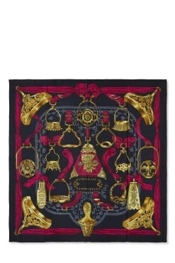 Hermès Black & Multicolor 'Etriers' Silk Scarf 90