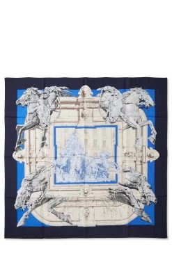 Hermès Navy & Multicolor 'La Fontaine De Bartholdi' Silk Scarf 90