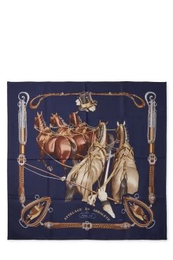 Hermès Navy & Multicolor 'Attelage En Arbalete' Silk Scarf 90
