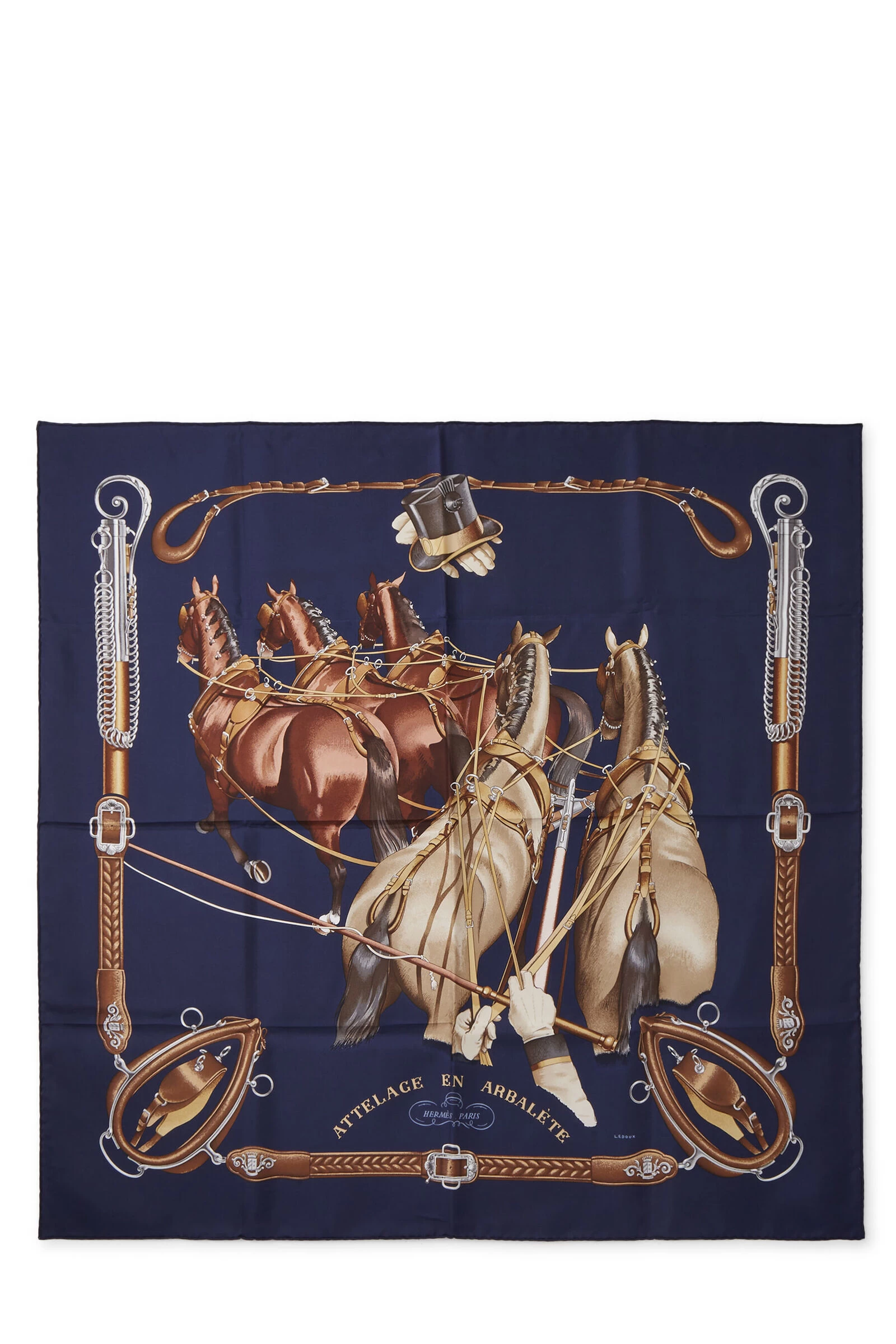 Hermès Navy & Multicolor 'Attelage En Arbalete' Silk Scarf 90 1 Hermès Navy & Multicolor 'Attelage En Arbalete' Silk Scarf 90