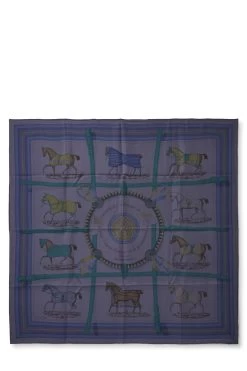 Hermès Navy & Multicolor 'Couvertures Et Tenues Du Jour' Silk Scarf 90