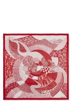 Hermès Red & Multicolor 'A Travers Champs' Silk Scarf 90