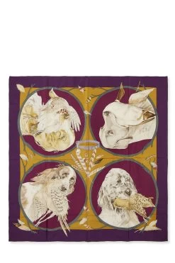 Hermès Purple & Multicolor 'Chiens Au Rapport' Silk Scarf 90
