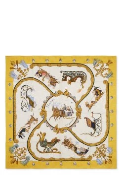 Hermès Yellow & Multicolor 'Plumes Et Grelots' Silk Scarf 90