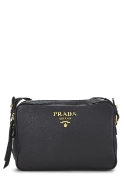 Prada Black Vitello Daino Double Zip Camera Bag